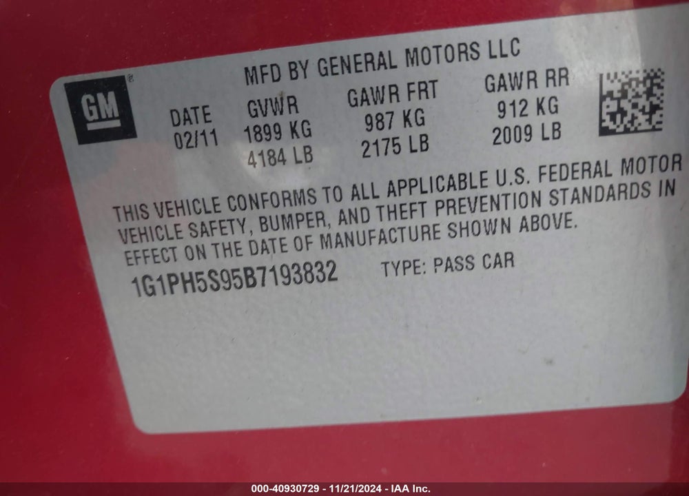2011 CHEVROLET CRUZE LTZ VIN: 1G1PH5S95B7193832