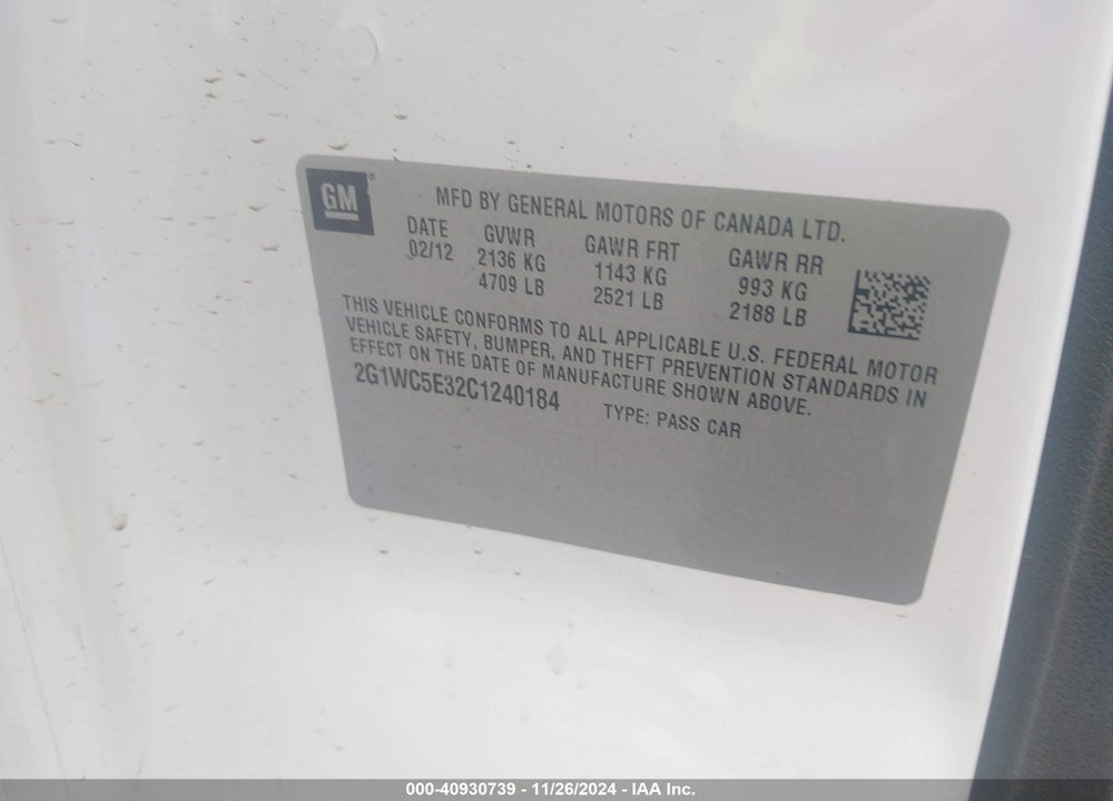 2012 CHEVROLET IMPALA LTZ VIN: 2G1WC5E32C1240184