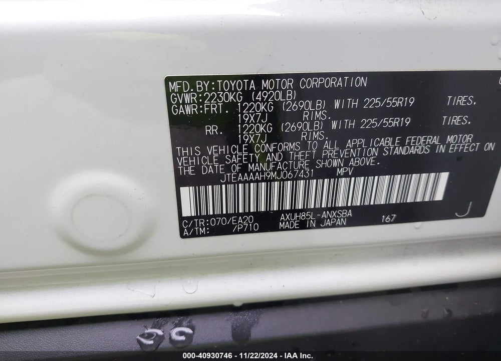 2021 TOYOTA VENZA LIMITED VIN: JTEAAAAH9MJ067431