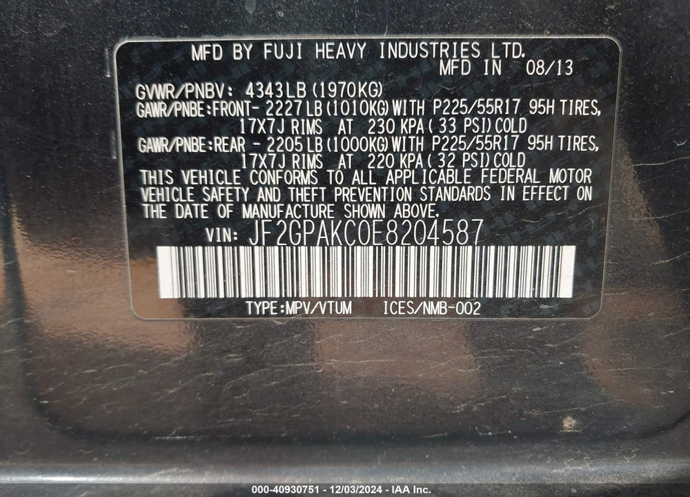 2014 SUBARU XV CROSSTREK 2.0I LIMITED VIN: JF2GPAKC0E8204587