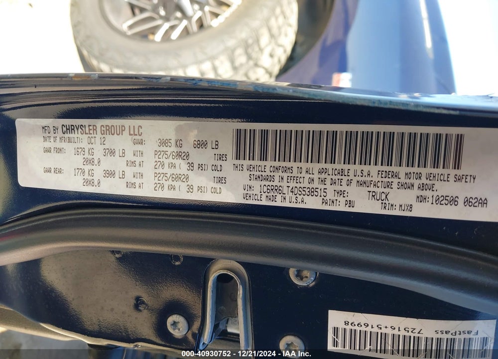 2013 RAM 1500 LONE STAR VIN: 1C6RR6LT4DS538515