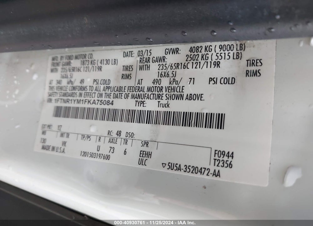 2015 FORD TRANSIT-250 VIN: 1FTNR1YM1FKA75084