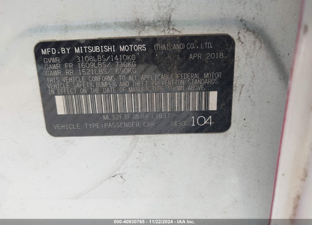 2018 MITSUBISHI MIRAGE G4 VIN: ML32F3FJ8JHF13837