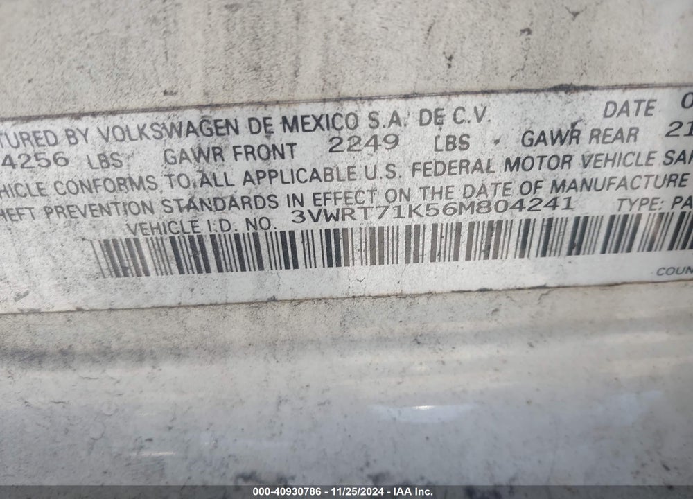 2006 VOLKSWAGEN JETTA TDI VIN: 3VWRT71K56M804241