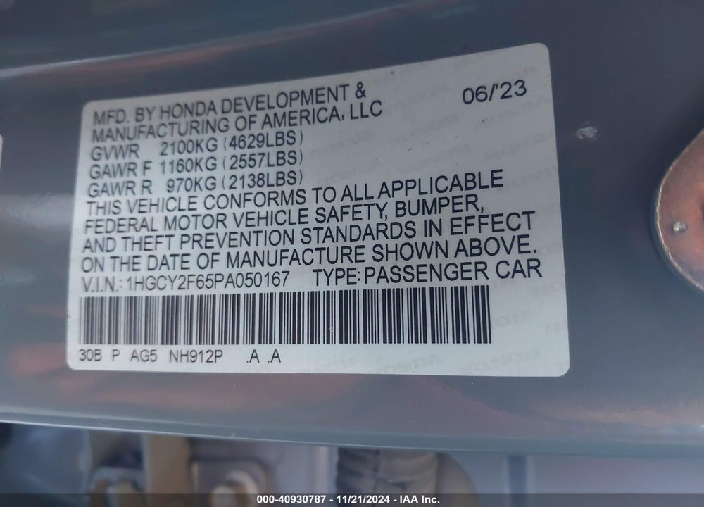 2023 HONDA ACCORD VIN: 1HGCY2F65PA050167