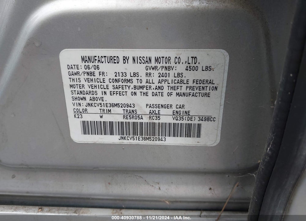2006 INFINITI G35 VIN: JNKCV51E36M520943
