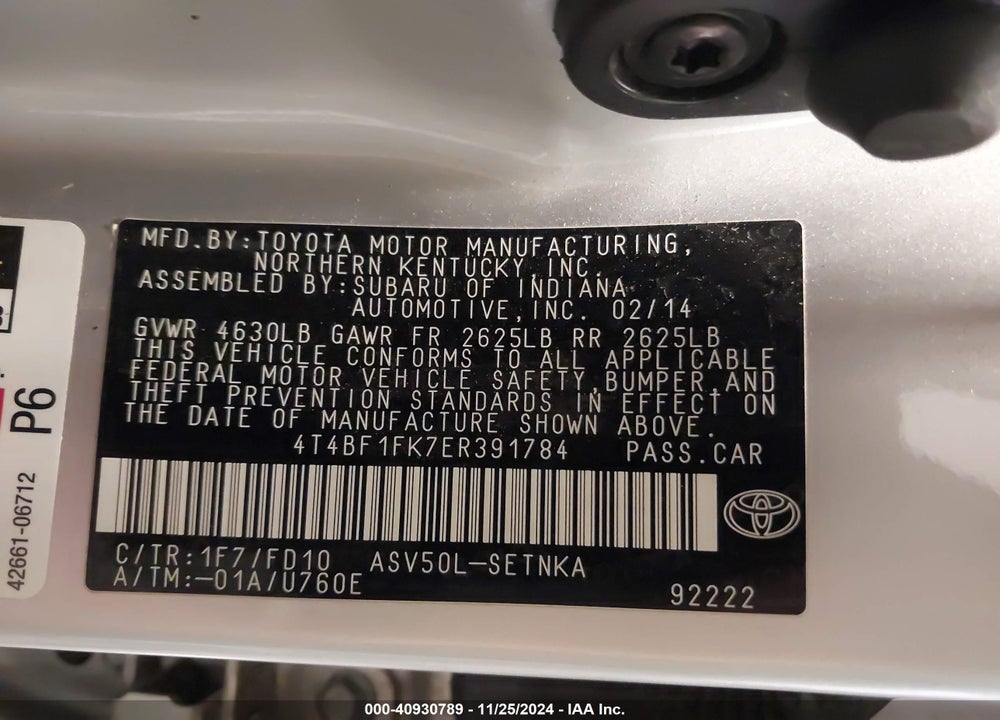 2014 TOYOTA CAMRY LE VIN: 4T4BF1FK7ER391784