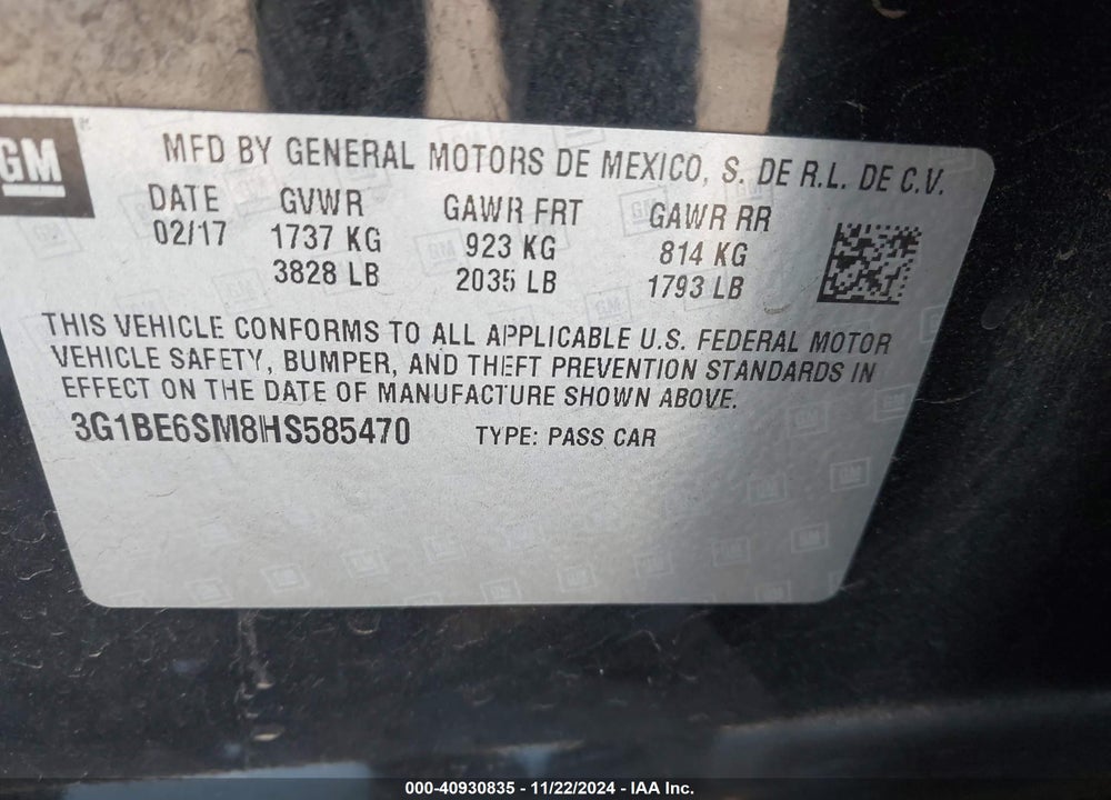 2017 CHEVROLET CRUZE VIN: 3G1BE6SM8HS585470