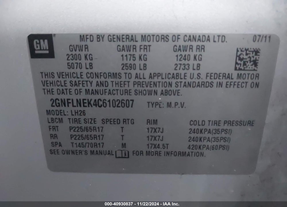 2012 CHEVROLET EQUINOX 2LT VIN: 2GNFLNEK4C6102607
