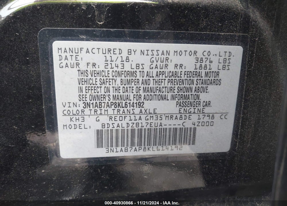 2019 NISSAN SENTRA SV VIN: 3N1AB7AP8KL614192