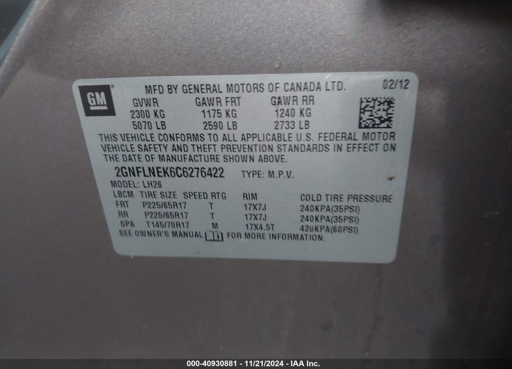 2012 CHEVROLET EQUINOX 2LT VIN: 2GNFLNEK6C6276422