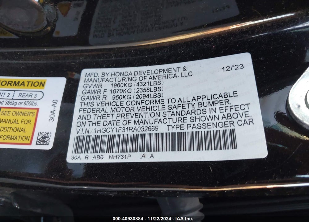 2024 HONDA ACCORD EX VIN: 1HGCY1F31RA032669