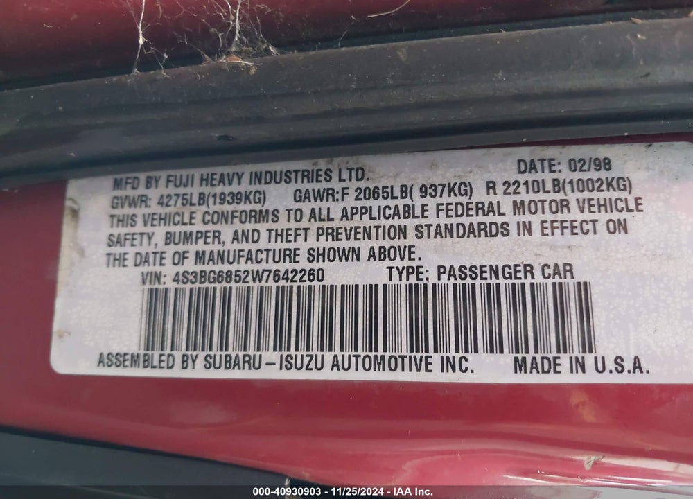 1998 SUBARU LEGACY OUTBACK/OUTBACK LIMITED/OUTBACK SPORT VIN: 4S3BG6852W7642260