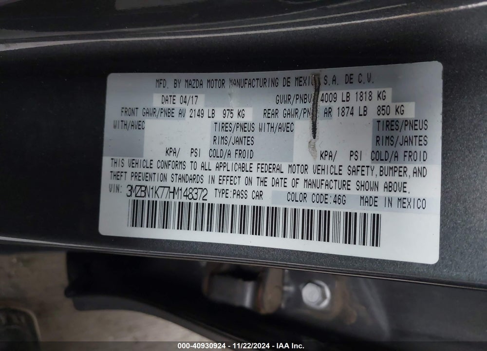 2017 MAZDA 3 SPORT VIN: 3MZBN1K77HM148372