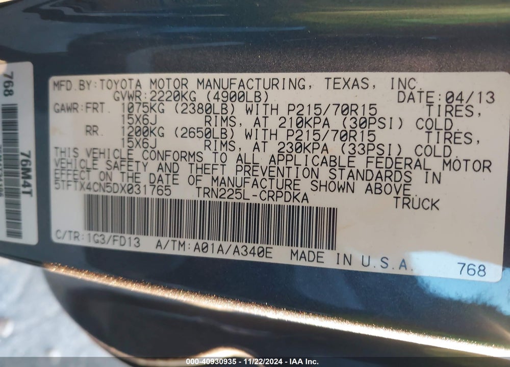 2013 TOYOTA TACOMA ACCESS CAB VIN: 5TFTX4CN5DX031765