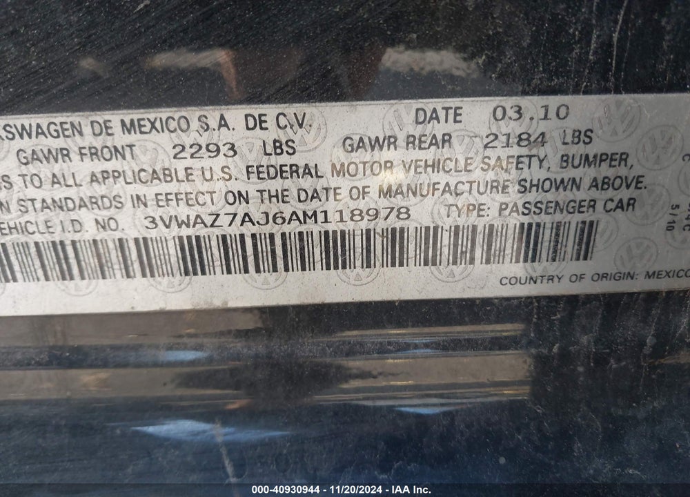2010 VOLKSWAGEN JETTA LIMITED EDITION VIN: 3VWAZ7AJ6AM118978