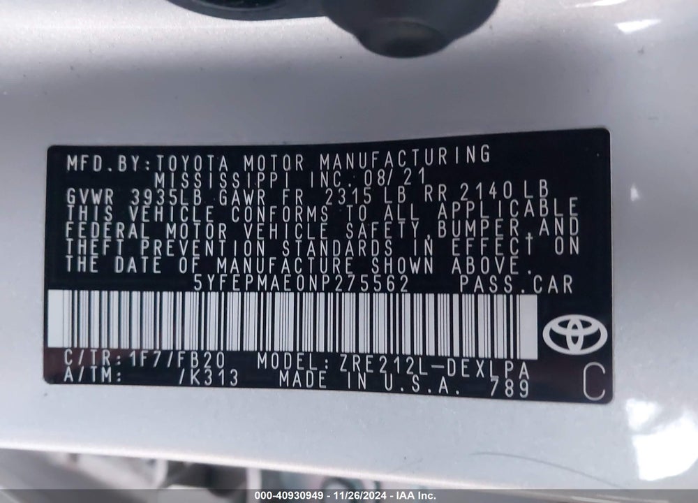 2022 TOYOTA COROLLA VIN: 5YFEPMAE0NP275562