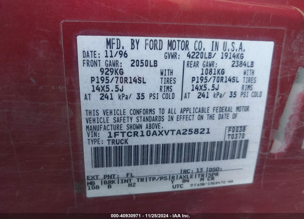 1997 FORD RANGER SPLASH/XL/XLT VIN: 1FTCR10AXVTA25821