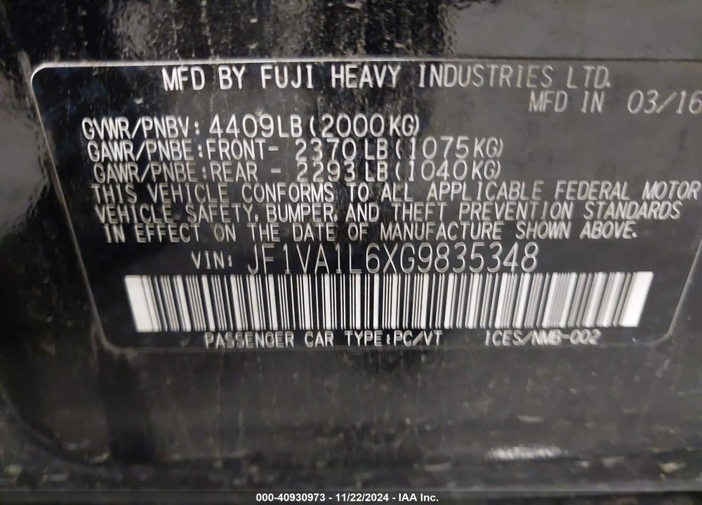 2016 SUBARU WRX LIMITED VIN: JF1VA1L6XG9835348