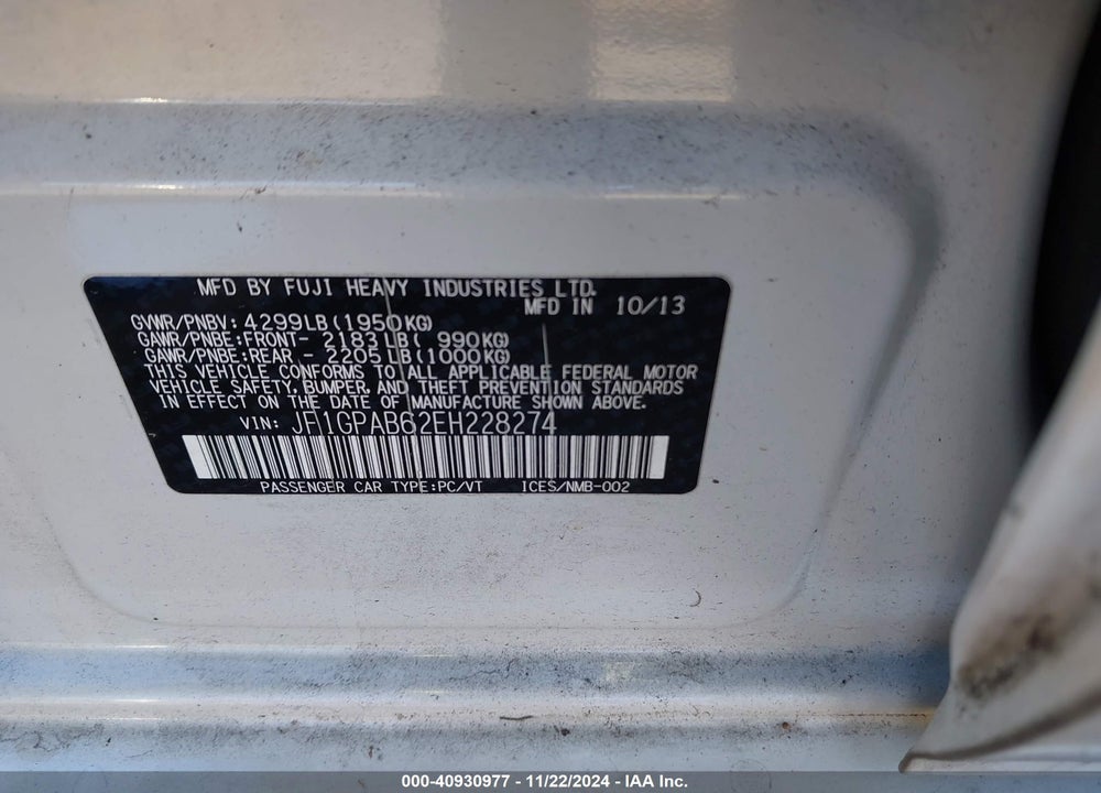 2014 SUBARU IMPREZA 2.0I PREMIUM VIN: JF1GPAB62EH228274
