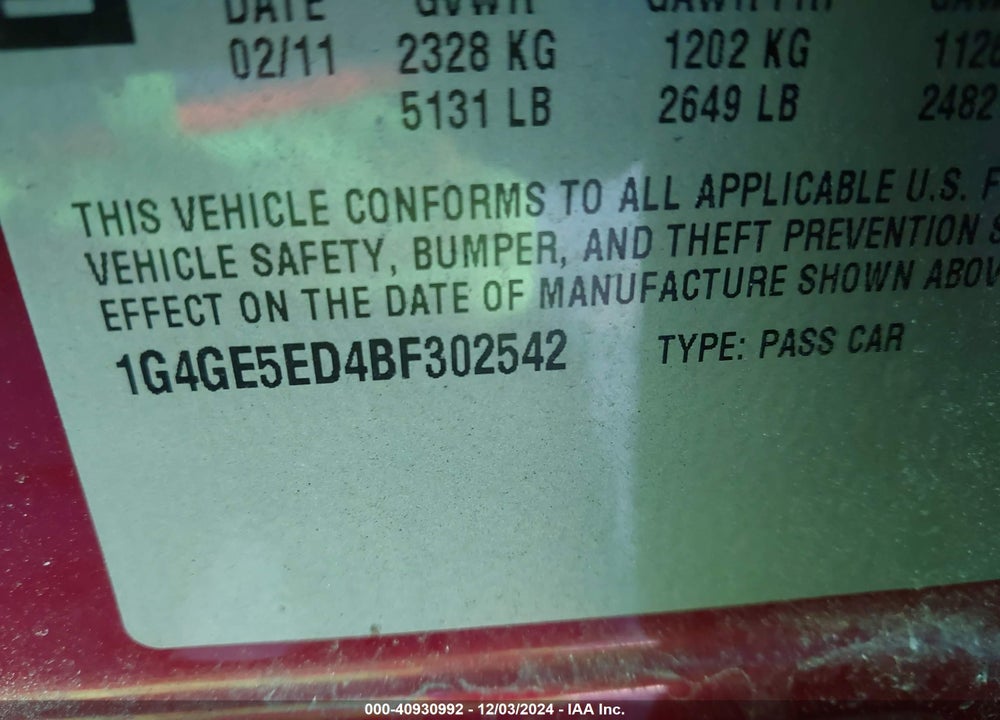 2011 BUICK LACROSSE CXS VIN: 1G4GE5ED4BF302542