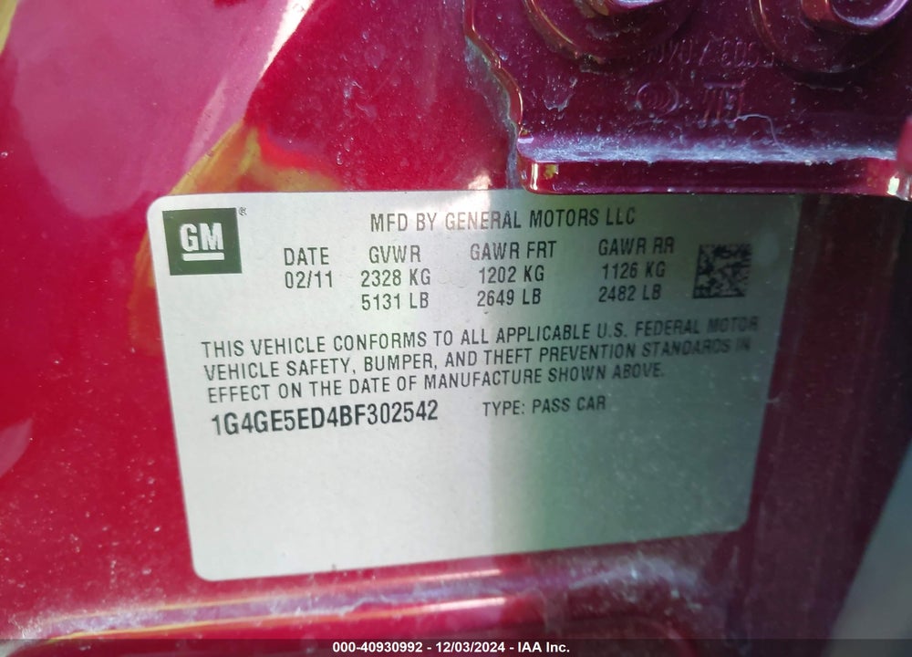 2011 BUICK LACROSSE CXS VIN: 1G4GE5ED4BF302542