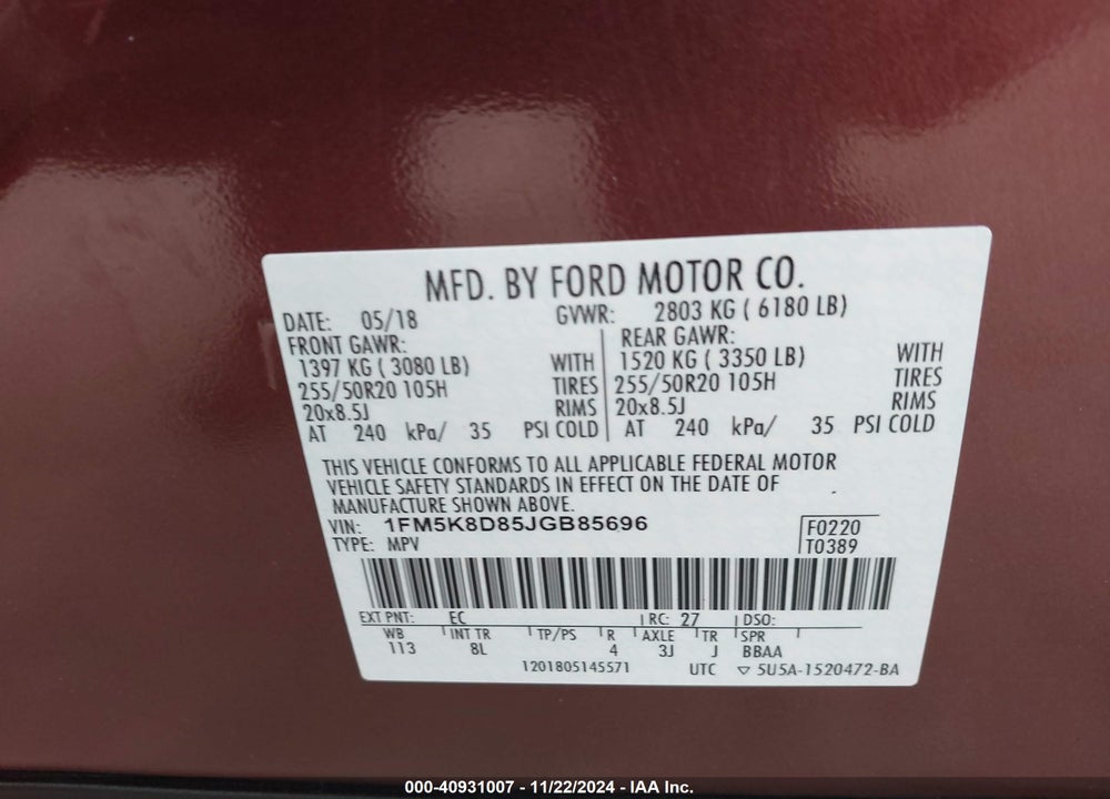2018 FORD EXPLORER XLT VIN: 1FM5K8D85JGB85696