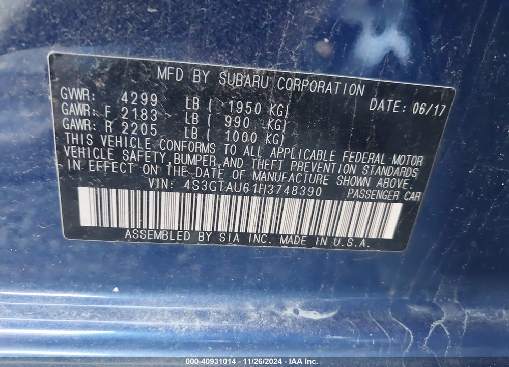 2017 SUBARU IMPREZA VIN: 4S3GTAU61H3748390