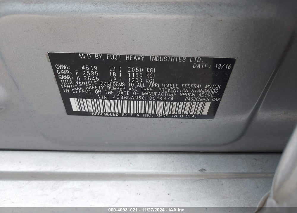 2017 SUBARU LEGACY 2.5I LIMITED VIN: 4S3BNAN60H3044474