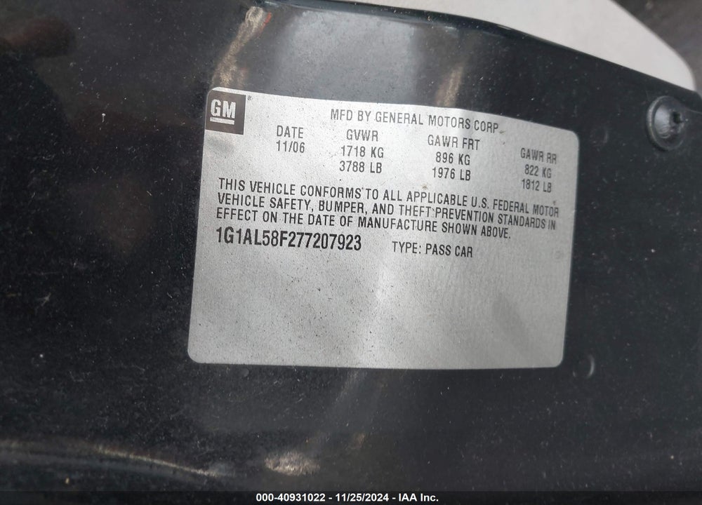 2007 CHEVROLET COBALT LT VIN: 1G1AL58F277207923
