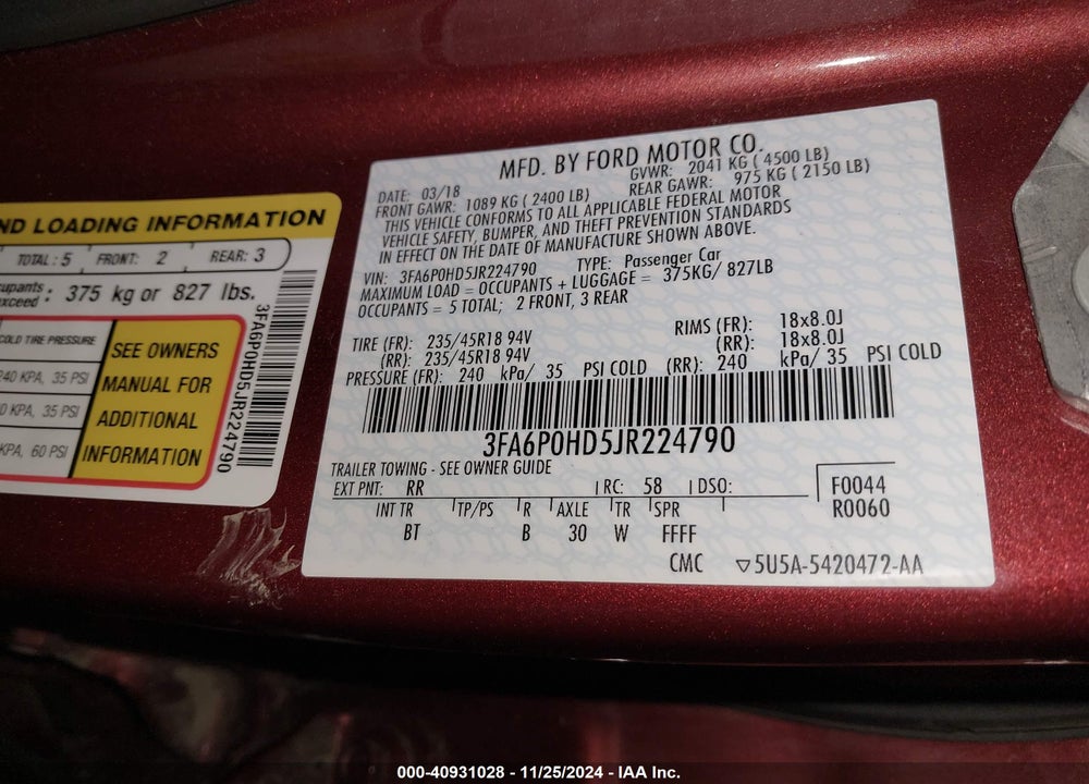 2018 FORD FUSION VIN: 3FA6P0HD5JR224790