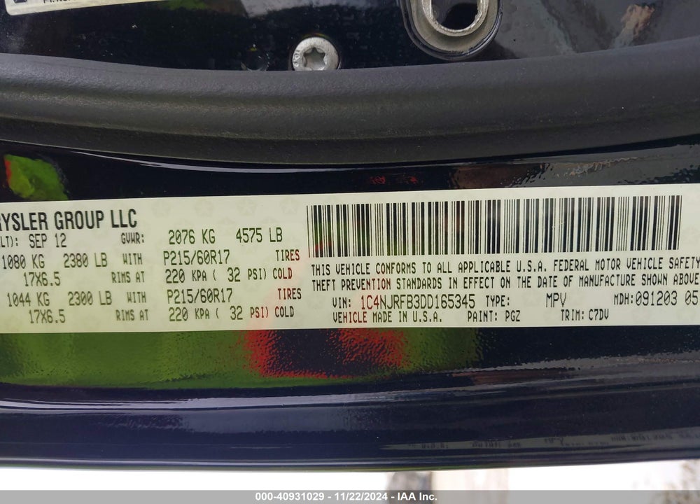 2013 JEEP PATRIOT LATITUDE VIN: 1C4NJRFB3DD165345