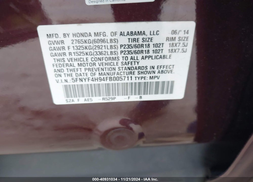 2015 HONDA PILOT TOURING VIN: 5FNYF4H94FB005711