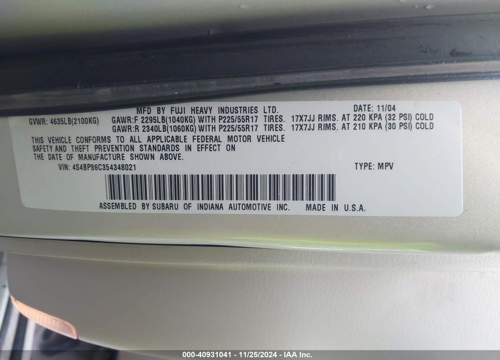2005 SUBARU OUTBACK 3.0R L.L. BEAN EDITION VIN: 4S4BP86C354348021