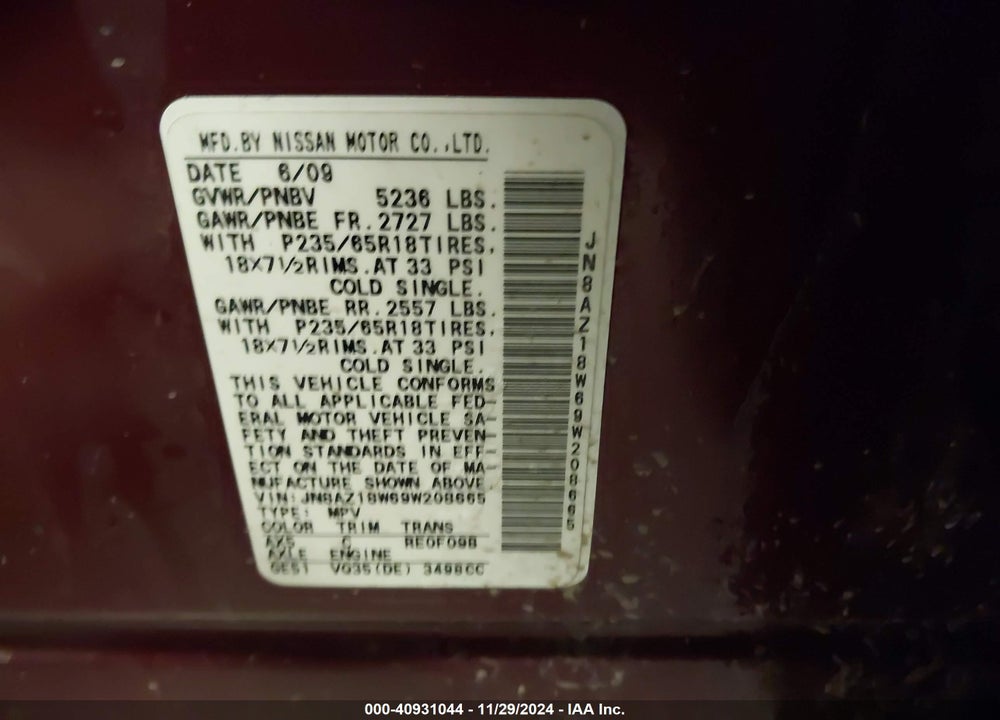 2009 NISSAN MURANO SL VIN: JN8AZ18W69W208665