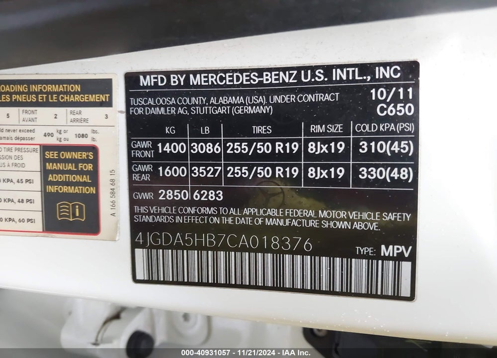 2012 MERCEDES-BENZ ML 350 4MATIC VIN: 4JGDA5HB7CA018376