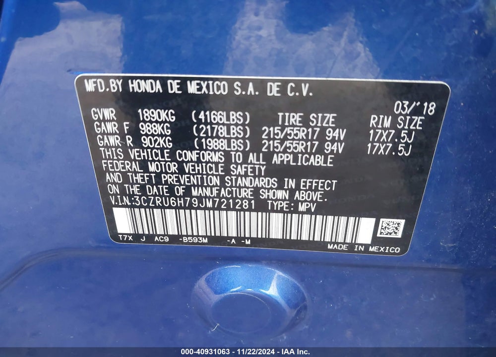 2018 HONDA HR-V EX-L VIN: 3CZRU6H79JM721281
