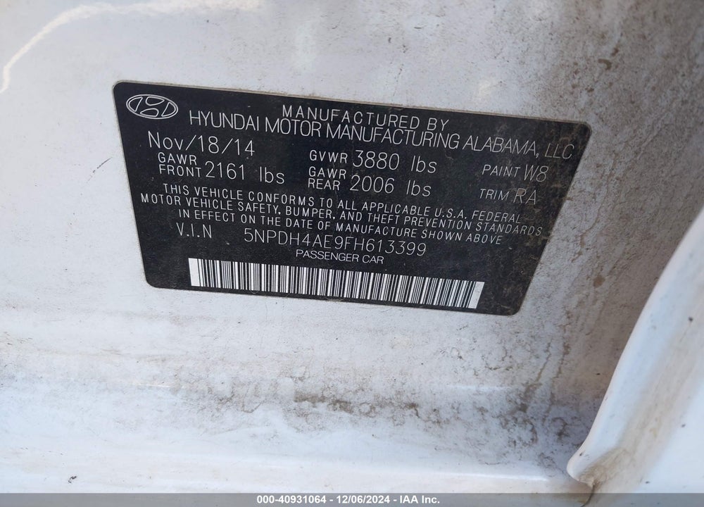 2015 HYUNDAI ELANTRA SE VIN: 5NPDH4AE9FH613399