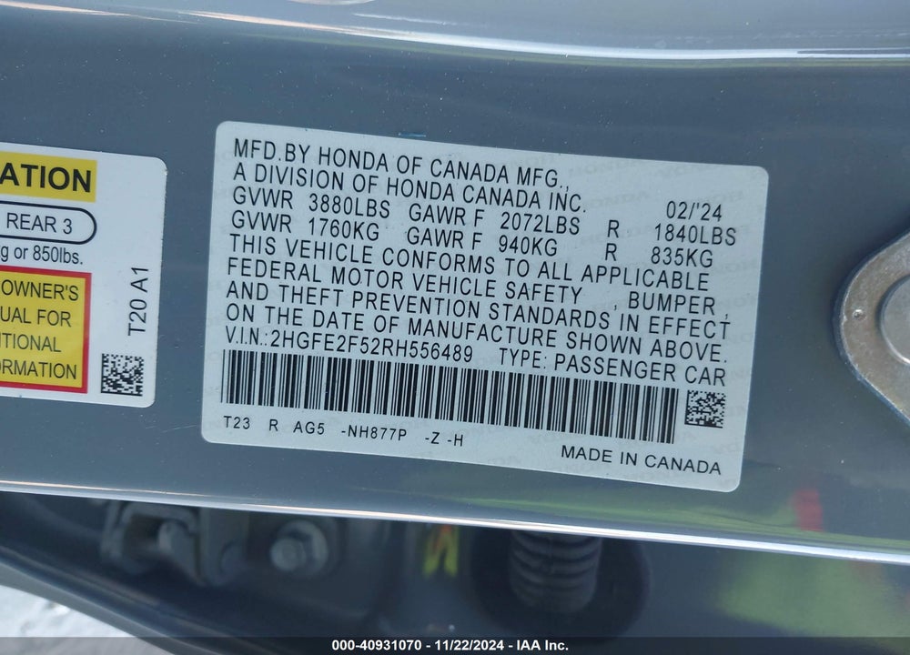 2024 HONDA CIVIC SPORT VIN: 2HGFE2F52RH556489