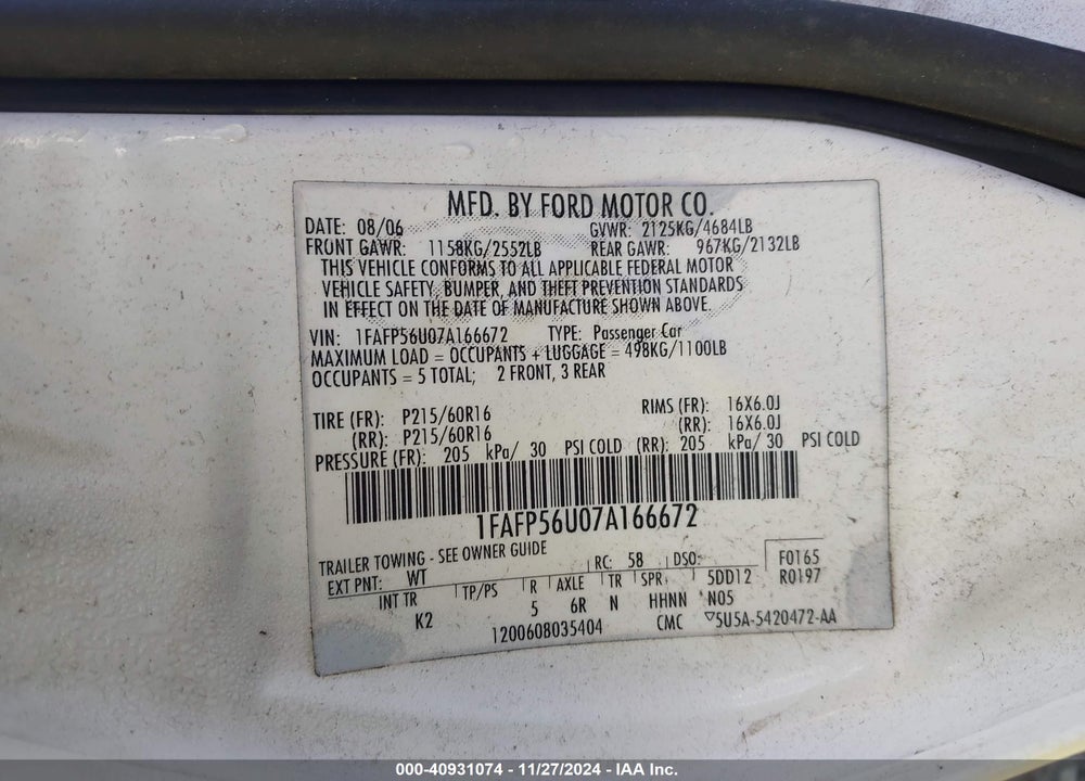 2007 FORD TAURUS SEL VIN: 1FAFP56U07A166672