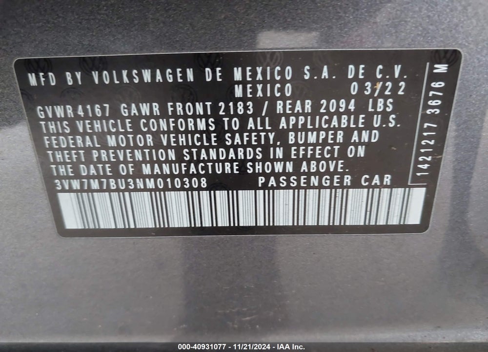2022 VOLKSWAGEN JETTA 1.5T SE VIN: 3VW7M7BU3NM010308