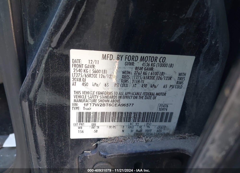 2012 FORD F-250 LARIAT VIN: 1FT7W2BT6CEA96577