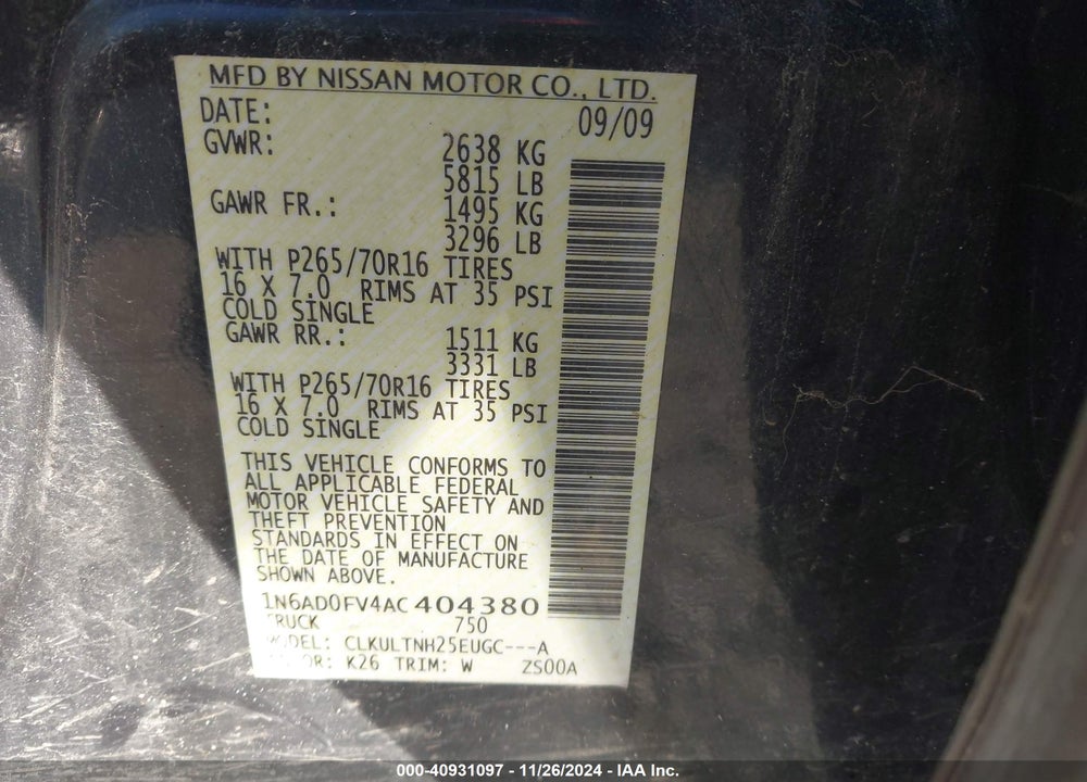 2010 NISSAN FRONTIER SE VIN: 1N6AD0FV4AC404380