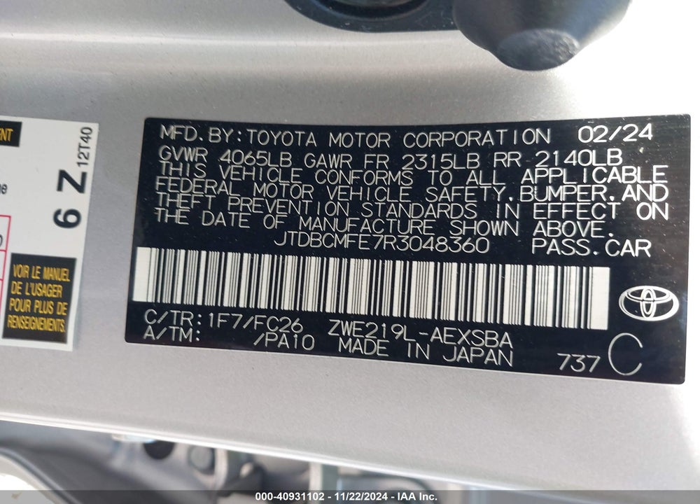 2024 TOYOTA COROLLA VIN: JTDBCMFE7R3048360