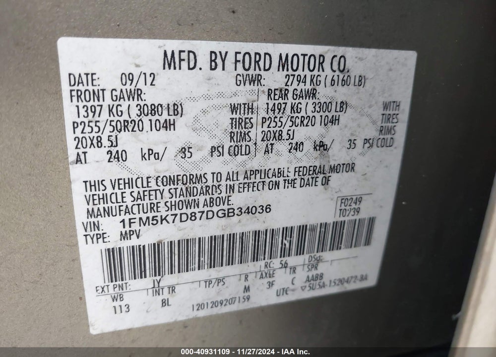 2013 FORD EXPLORER XLT VIN: 1FM5K7D87DGB34036
