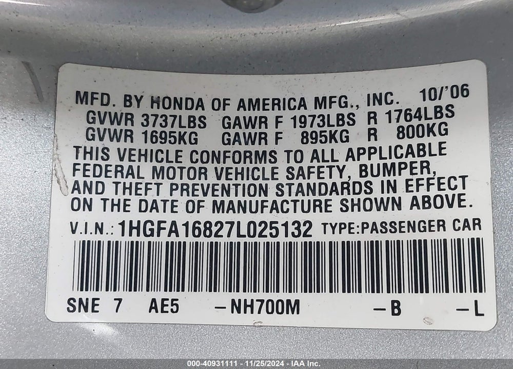 2007 HONDA CIVIC EX VIN: 1HGFA16827L025132