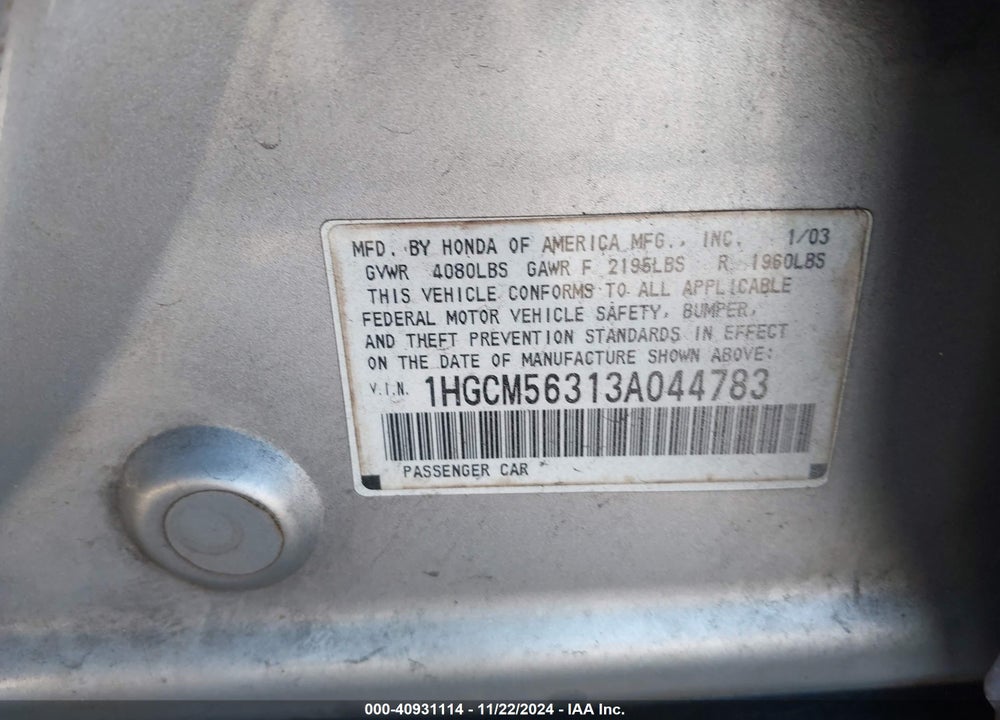 2003 HONDA ACCORD 2.4 LX VIN: 1HGCM56313A044783
