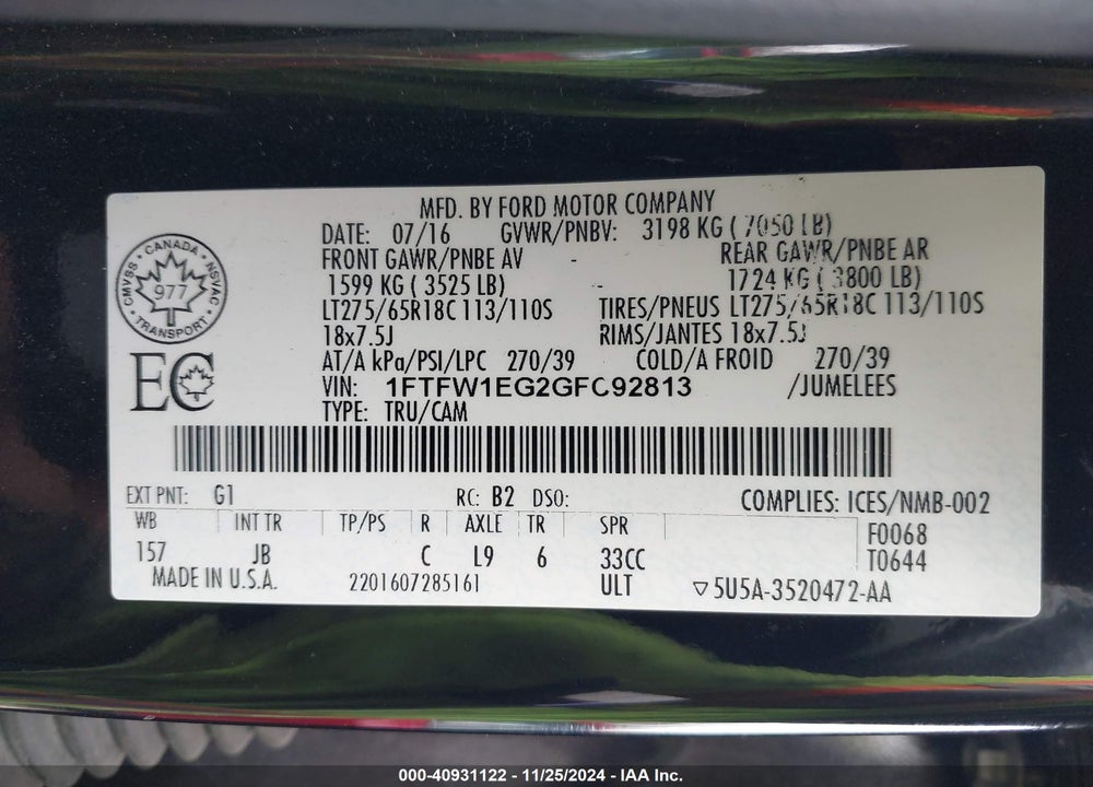 2016 FORD F-150 VIN: 1FTFW1EG2GFC92813