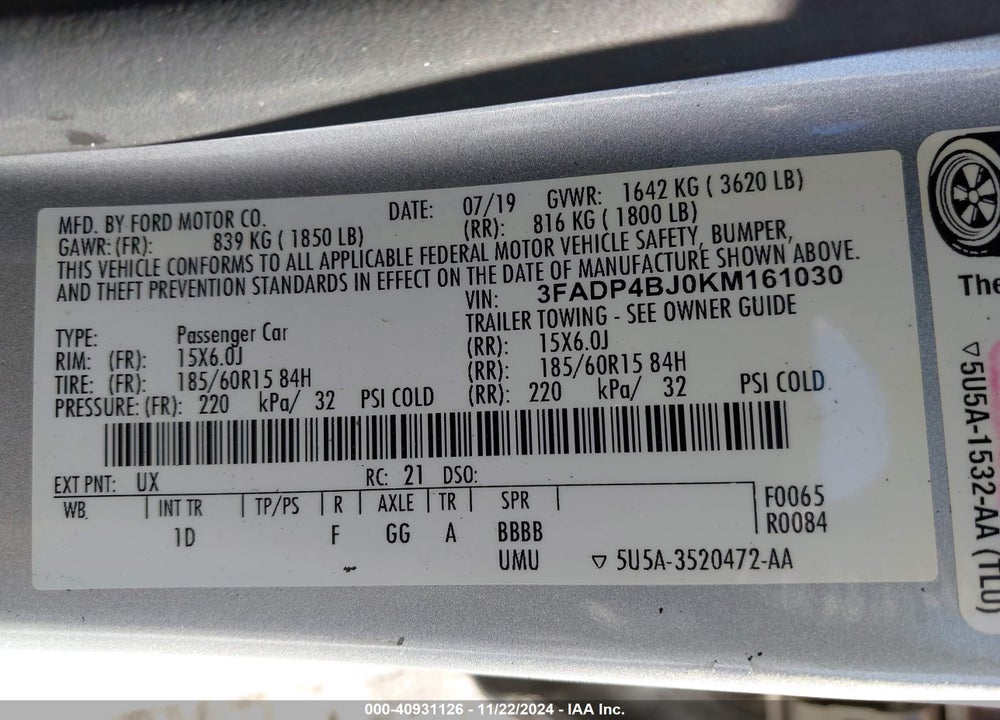 2019 FORD FIESTA SE VIN: 3FADP4BJ0KM161030