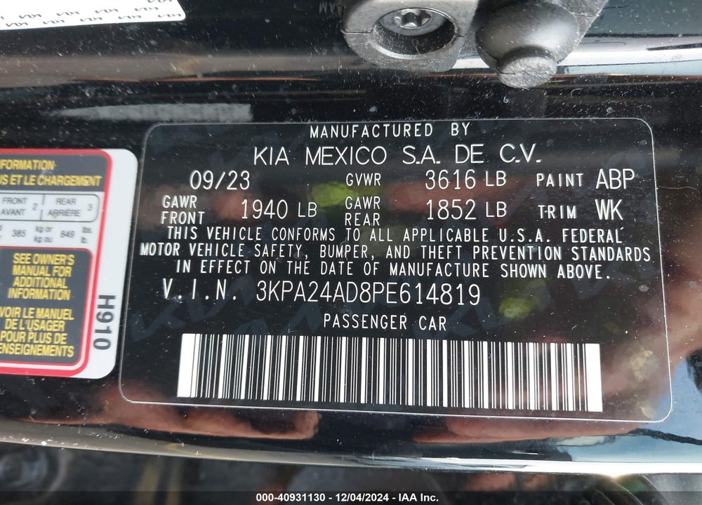 2023 KIA RIO LX VIN: 3KPA24AD8PE614819